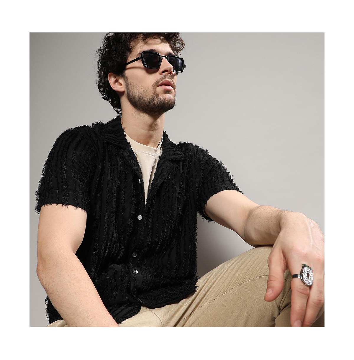 Campus Sutra Men's Jet Black Fleece Striped Shirt