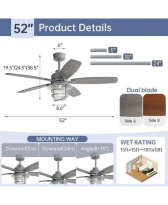 52-inch Gray Wood Grain Farmhouse Indoor 5-Blade Ceiling Fans with Light Kit and Remote Control