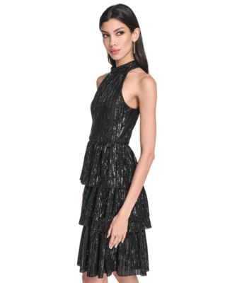 Women's Petite Mock Neck Halter Tiered Dress