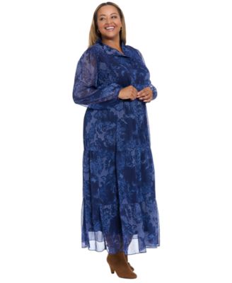 Plus Size Printed Long-Sleeve A-Line Dress