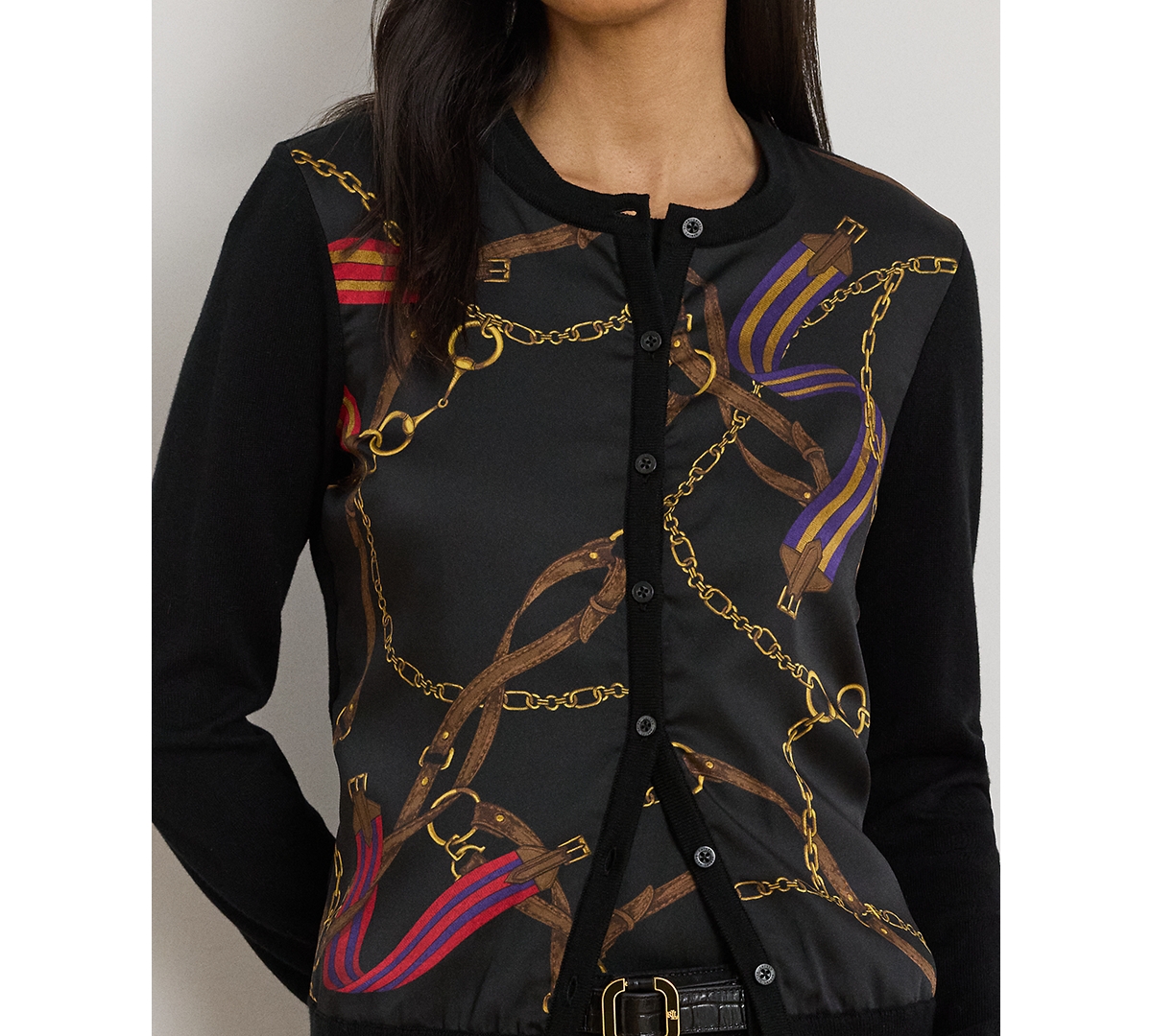 Ralph Lauren Petite Belting-print Long-sleeve Cardigan Sweater In Multi