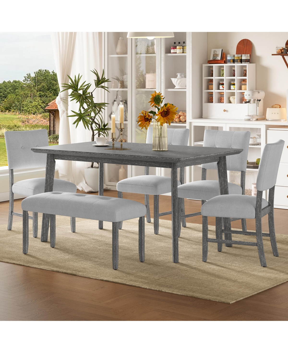 Casainc 6-Piece Farmhouse Dining Set with Rectangular Wood Table 4 Upholstered Chairs and Bench in Gray