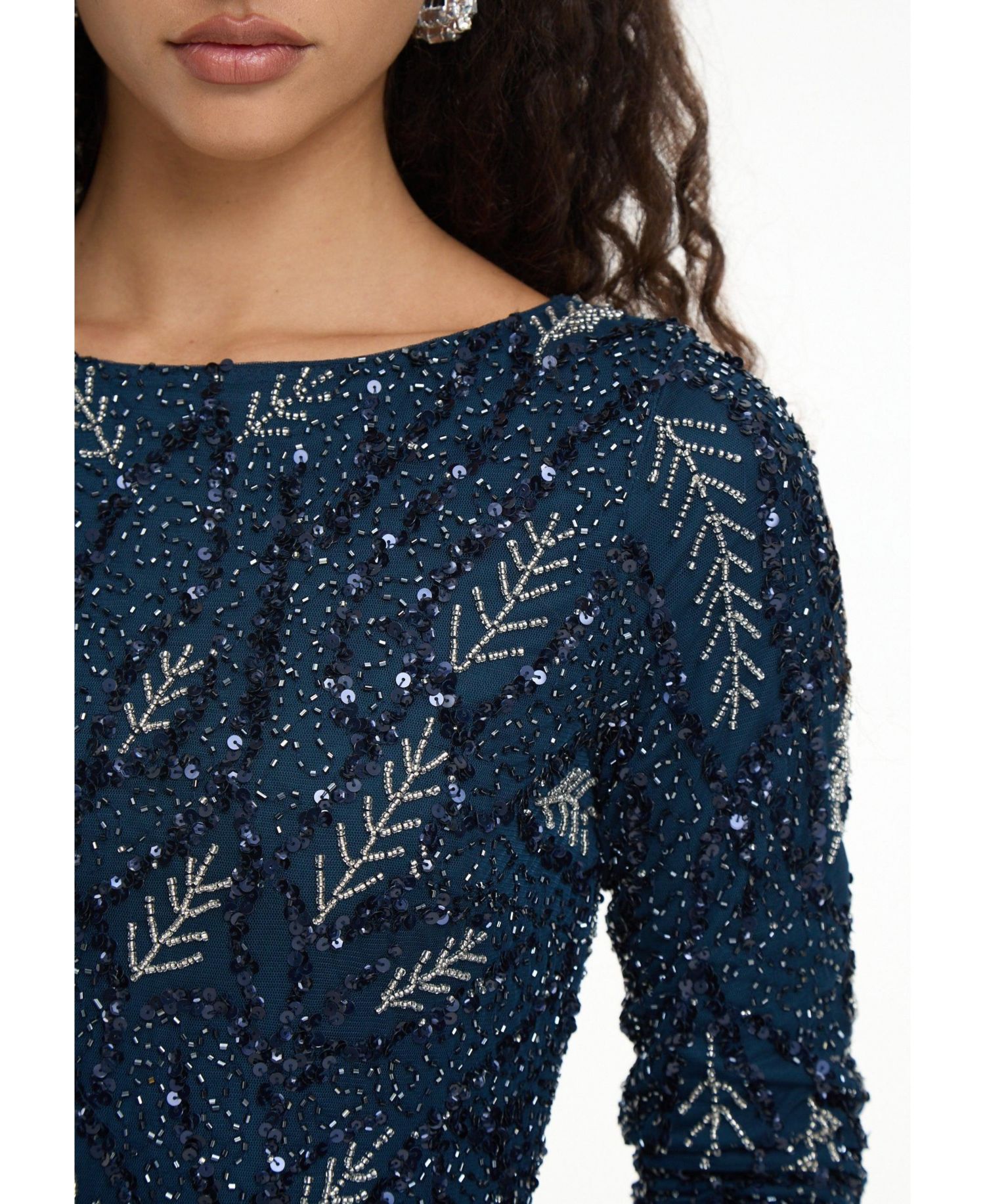 Women's Modest Embellished Sequin Beaded Dress Maxi With Detailed Work