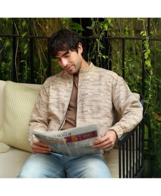Men's Khaki Brown Lined-Jacquard Bomber Jacket