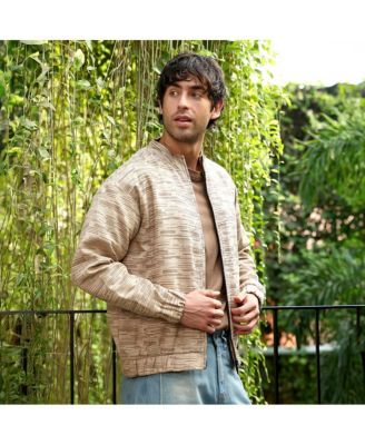 Men's Khaki Brown Lined-Jacquard Bomber Jacket