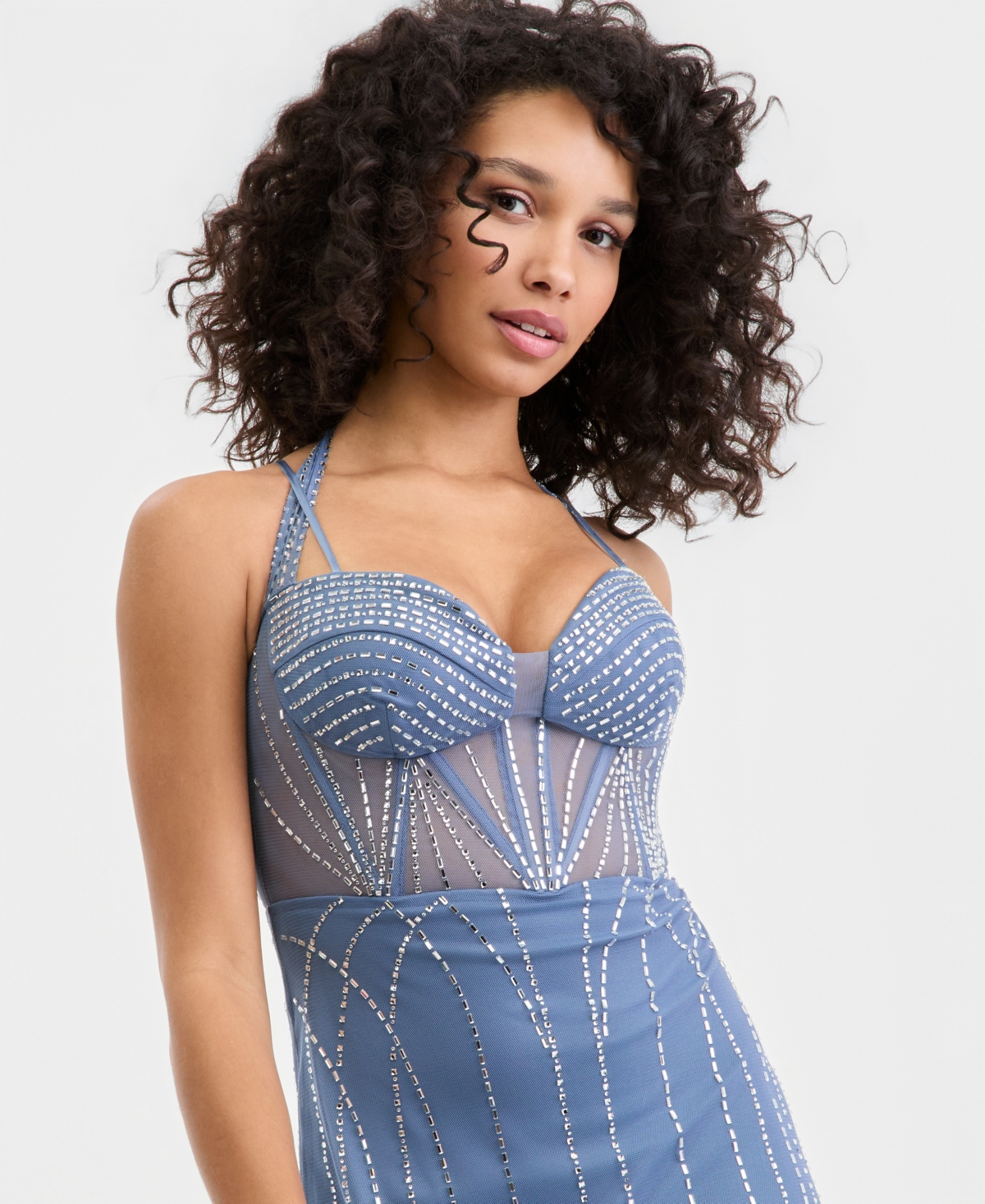 Say Yes Juniors' Rhinestone-Embellished Lace-Up Gown