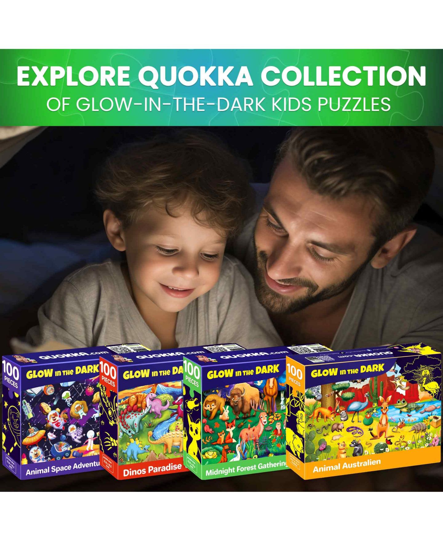 Детский пазл Quokka Glow-in-the-Dark Dinosaurs 4x100 Piece Puzzle, Ages 3+, цвет: Spacedinosaursanimals — фото 7