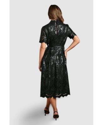 Women's PU Lace Midi Dress With Belt