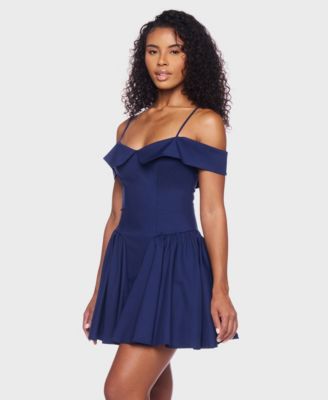 Juniors' Sweetheart Spaghetti-Strap Cold-Shoulder Twill Fit & Flare Dress