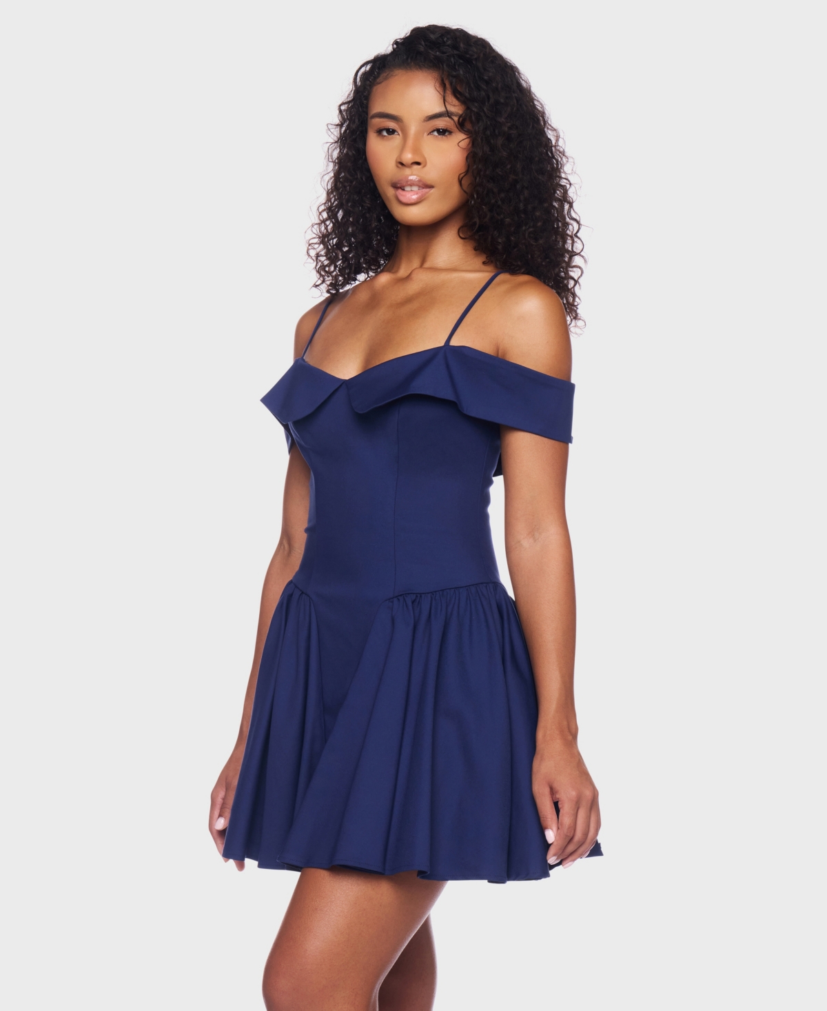 B Darlin Juniors' Sweetheart Spaghetti-Strap Cold-Shoulder Twill Fit & Flare Dress