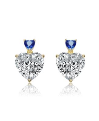 Sterling Silver 14K Gold Plated with Green, Red, or Blue Cubic Zirconia Two-Stone Heart Stud Earrings