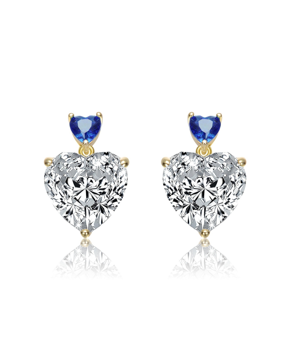 Sterling Silver 14K Gold Plated with Green, Red, or Blue Cubic Zirconia Two-Stone Heart Stud Earrings