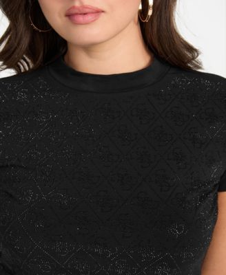 Women's Rhinestone-Logo Mock-Neck Short-Sleeve Top