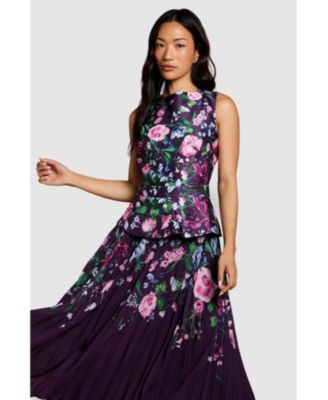 Women's Structured Print Pleated Midi Dress