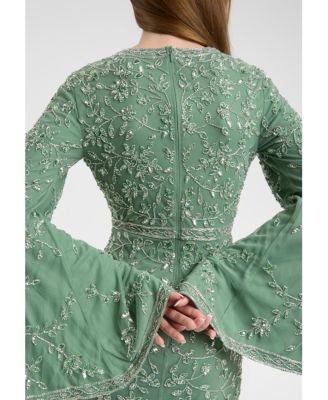 Women's Modest Embellished Sequin Beaded With Sleeves Design Maxi Dress