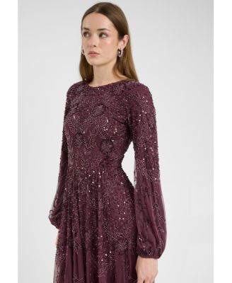 Women's Modest Embellished Sequin Beaded Dress Maxi With Boat Neck