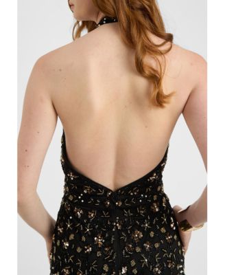 Women's Embellished Sequin Beaded Maxi Dress With Choker-Style Collar