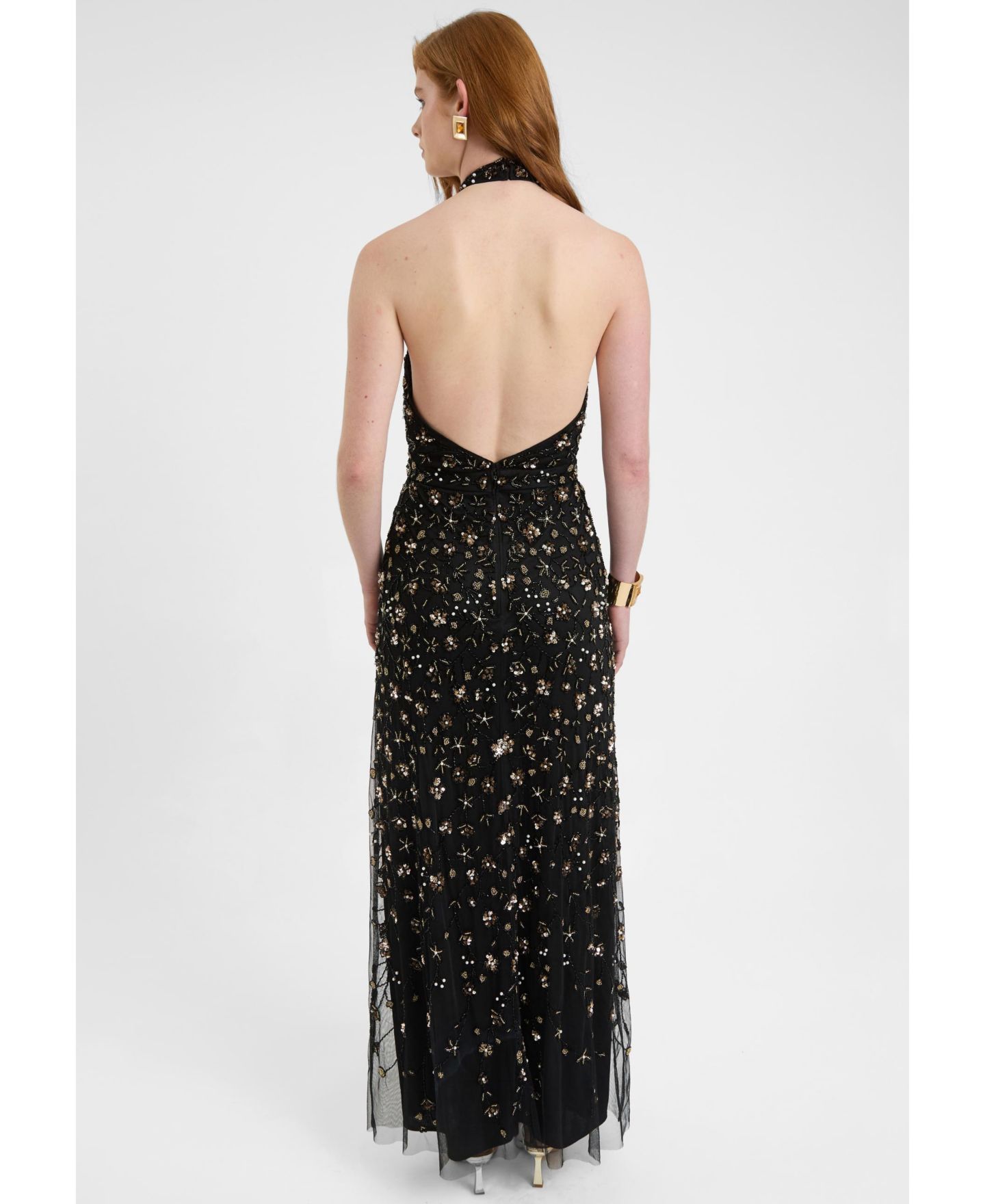 Женское платье BEAUUT Embellished Sequin Beaded Maxi Dress With Choker-Style Collar, цвет: Чёрный — фото 5
