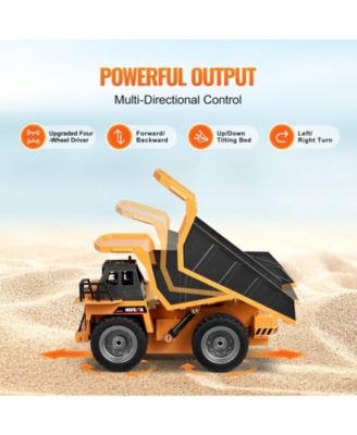 RC Dump Truck Toy, 9-Channel 1:18 Scale Remote Control Construction Vehicle with Metal Bed & Lights