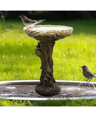 25.5 Inch Heigh Wood-Look Concrete Bird Bath with Decorative Faux Bird – birdbath Rustic & Long-Lasting Design, Enhances Garden