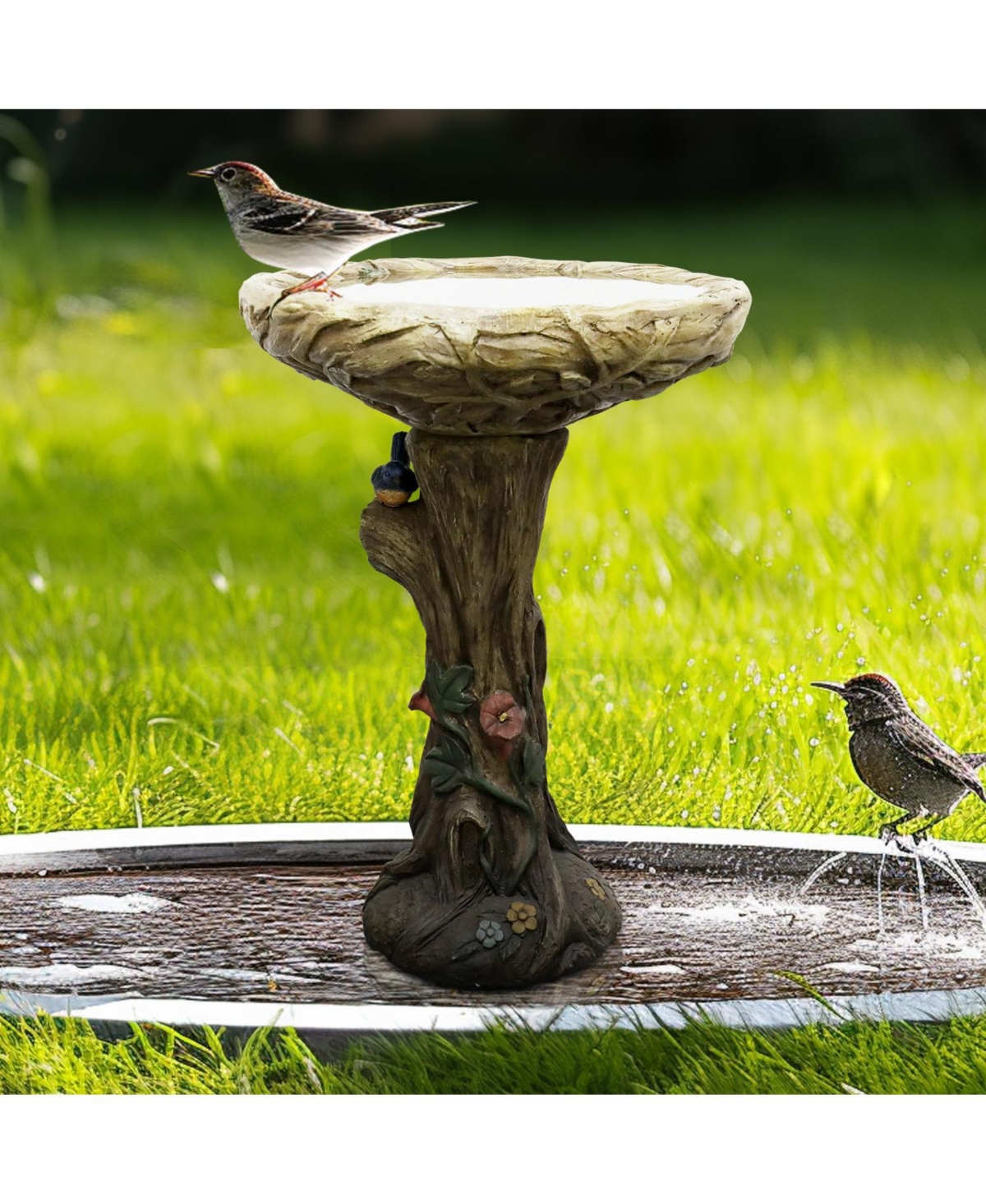 SunJet 25.5 Inch Heigh Wood-Look Concrete Bird Bath with Decorative Faux Bird – birdbath Rustic & Long-Lasting Design, Enhances Garden