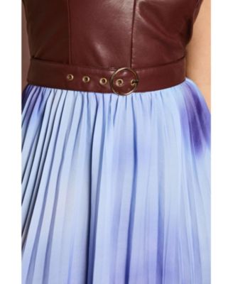 Women's PU Cross Neck Belted Midi Dress