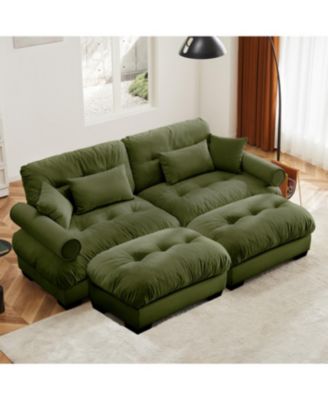 Streamdale Oversized Modern Two-Seater Sofa with Ottoman, Velvet 2-Seater with Armrests & Pillows