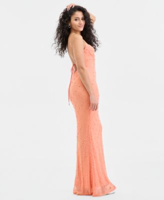 Juniors' Cowl-Neck Beaded Sleeveless Gown 