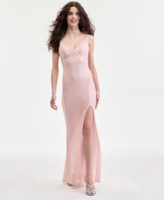 Juniors' Beaded V-Neck Lace-Up-Back Gown 