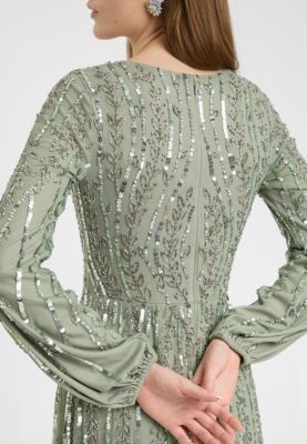 Women's Modest Embellished Sequin Beaded Dress Maxi With Flowey A Line Bottom