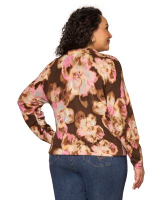 Plus Size Floral Printed Long-Sleeve Sweater
