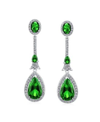 Set of 2 Art Deco Cubic Zirconia Halo Long Pear Solitaire Teardrop Blue & Green CZ Statement Dangle Chandelier Earrings