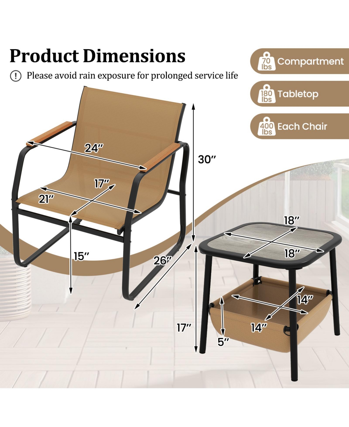 Gymax 3-Piece Bistro Set Patio Chairs & Side Table w/ Storage Basket Breathable Mesh Fabric
