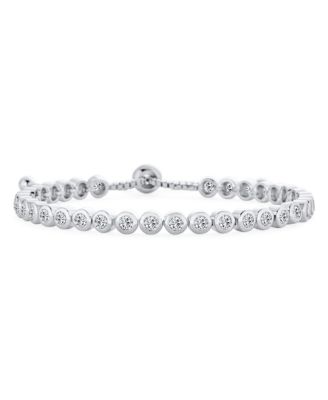 Adjustable Round Bezel Cubic Zirconia Tennis Bolo Bracelet & 7mm Solitaire CZ Stud Earrings Jewelry Set