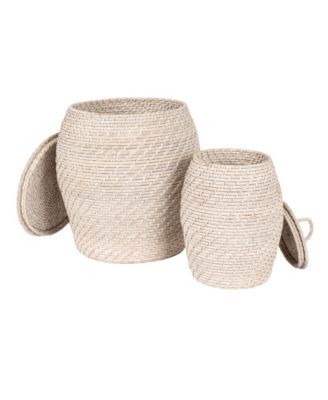 Rattan Wicker Storage Basket with Lid, Washed Black Finish, Set of 2