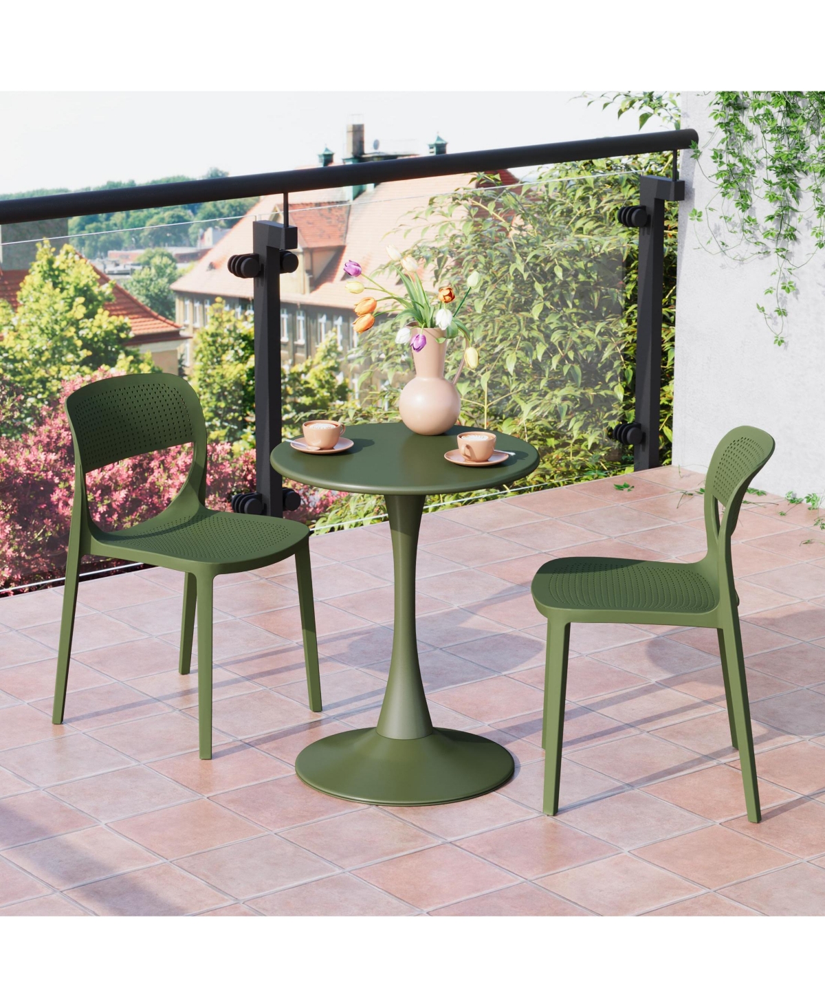 WestinTrends 3-Piece Round Metal Bistro Dining Table Set And Stackable Resin Patio Side Chairs