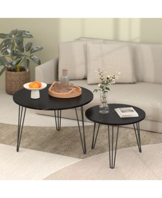 27.56 Inch Round Nesting Coffee Table Set of 2 with Marble Tabletop and Metal Base