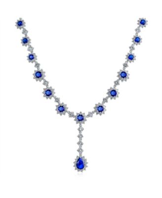 Royal Blue CZ Cubic Zirconia Statement Collar Necklace & Oval Halo Stud Earrings Jewelry Set