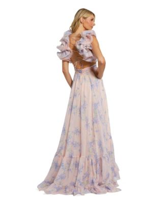 Women's Ruffle Tiered Floral Cut-Out Chiffon Gown