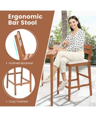 Patio Eucalyptus Wood Bar Stools Set of 4 Outdoor Bar Height Patio Chairs w/ Cushions