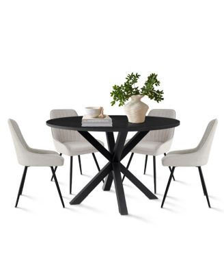 5-Piece Round Dining Table Set for 4, Black MDF Top with Upholstered Fabric Chairs, Kitchen Table Set for Small Spaces