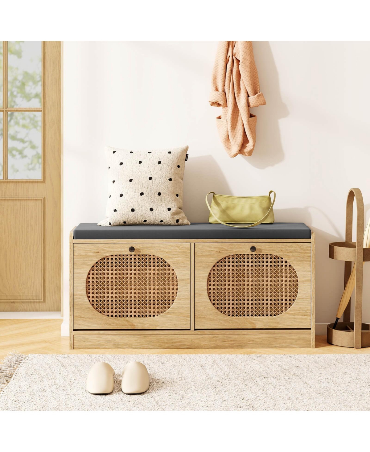 Costway Shoe Storage Bench with Cushion 2 Flip-over Doors & Adjustable Shelves