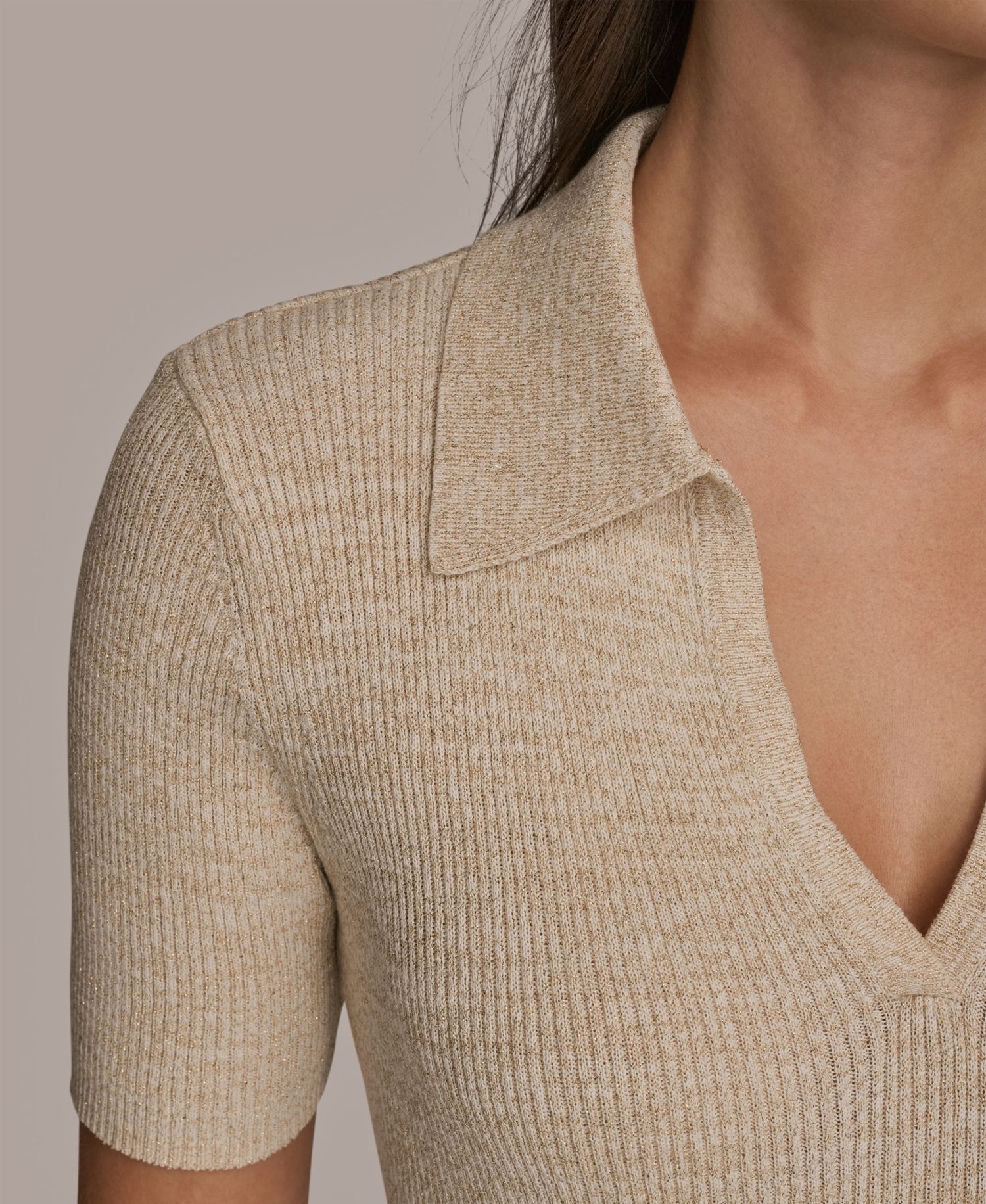 Women's Cotton Rib Elbow Sleeve Polo Sweater