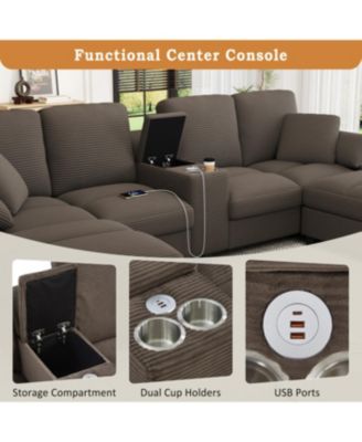  Modern U-shaped Corduroy Sofa with Storage, Cup Holders & USB Ports