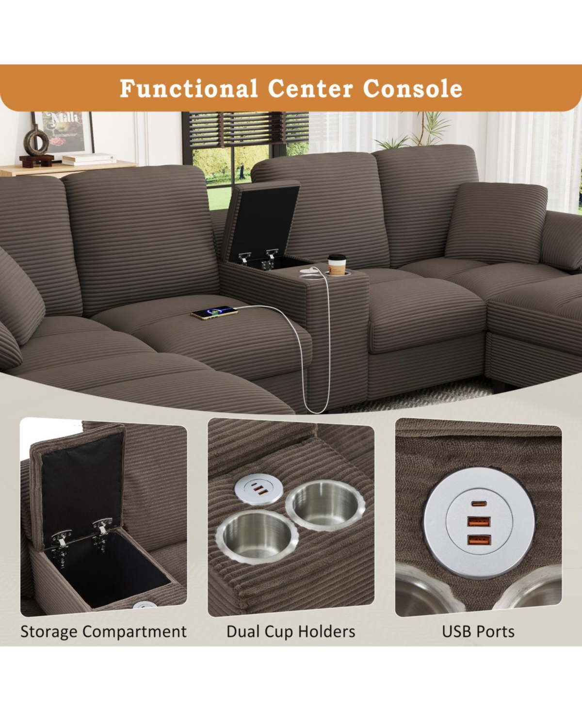 Streamdale Furniture Modern U-shaped Corduroy Sofa with Storage, Cup Holders & Usb Ports, Black