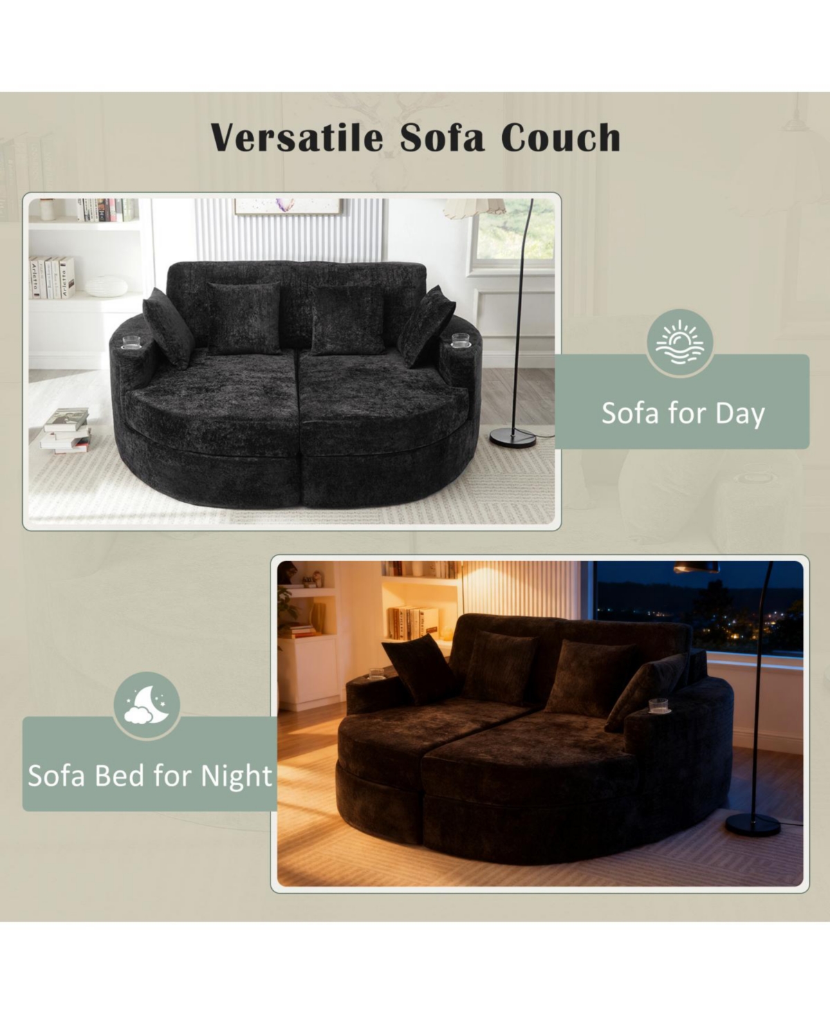 Streamdale Furniture Full-Compressed Chaise Sofa 80" Curved Boneless Couch with Cup Holders, Black