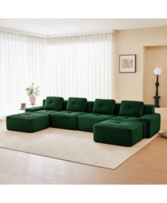  Modern U-Shaped Corduroy Sectional Sofa, 4-Seater Couch with Ottomans, Green