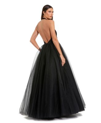 Women's Jersey Halter Ballgown with Tulle Skirt and Floral Detail