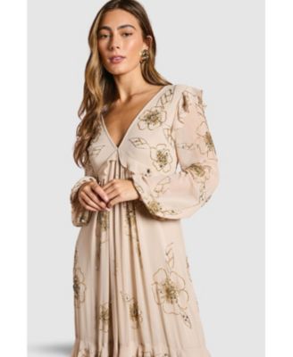 Women's V Neck Embellished Tiered Midi Dress