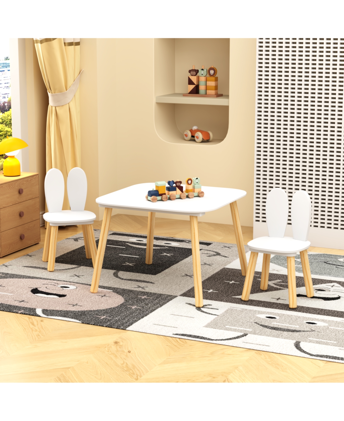 Casainc 3-Piece Rabbit Themed Kids Table and Chair Set with Solid Wood Legs in White